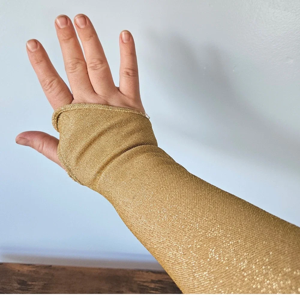 Vtg 50s 60s Gold Lurex Metallic Fingerless Thumb Hole Elbow Length Gloves‎